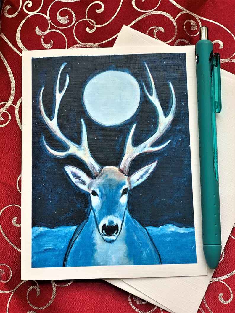 Long WInter Night, White Stag Solstice Card, Holiday card, Christmas Card,Winter night peace, 4 card pack image 4