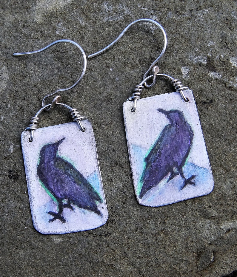 Raven Earrings One of a Kind Earring Hand Painted Crow Earrings Raven Jewelry image 3