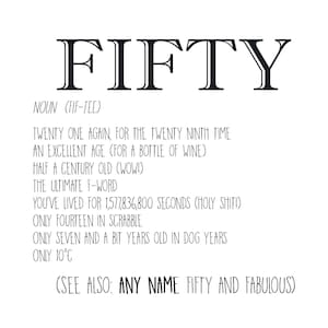 May include: A white graphic with the word "FIFTY" in large, bold, black letters. Below, a definition and humorous statements about turning fifty are printed in black. The text includes phrases like "Half a century old" and "You've lived for 1,577,836,800 seconds."