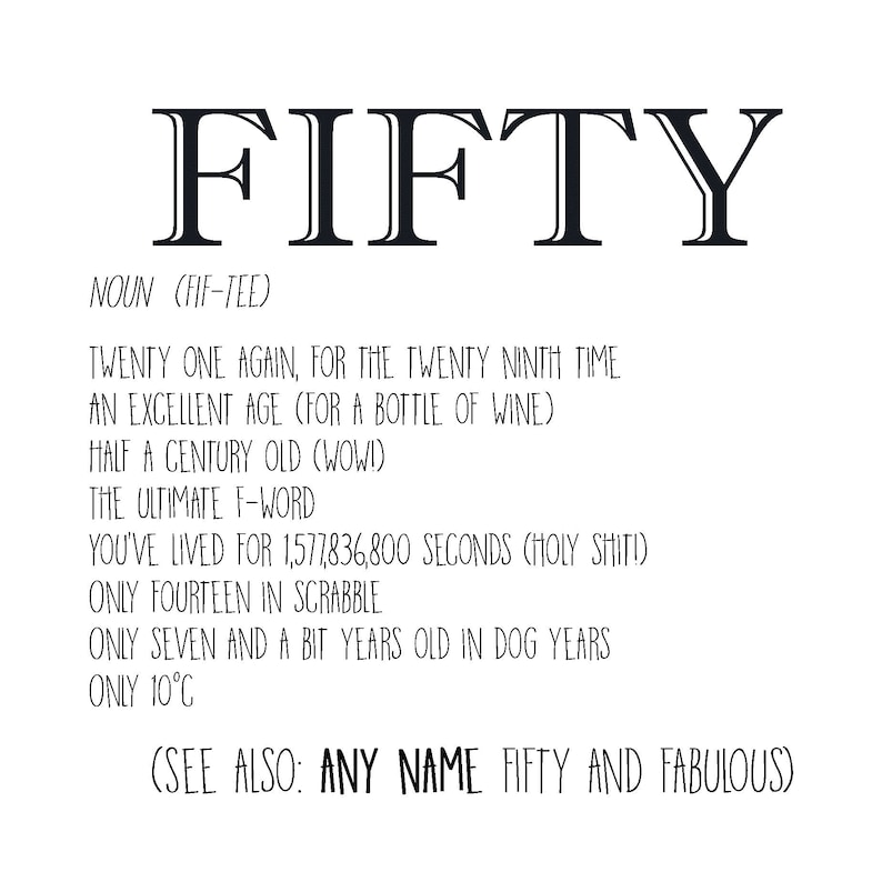 May include: A white graphic with the word "FIFTY" in large, bold, black letters. Below, a definition and humorous statements about turning fifty are printed in black. The text includes phrases like "Half a century old" and "You've lived for 1,577,836,800 seconds."