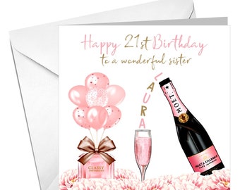PERSONALISED cute pretty Pink Champagne birthday card 18th 21st 30th 40th 50th any age