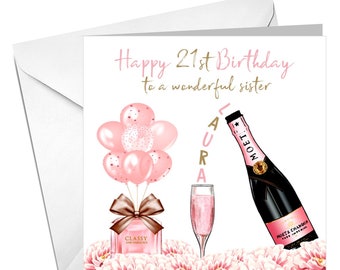 May include: A pink and gold birthday card with the text "Happy 21st Birthday to a wonderful sister" and the name "Laura" spelled out with pink balloons. The card also features a bottle of champagne pouring into a glass and a bottle of perfume.