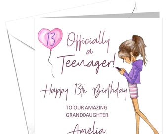 May include: A pink heart-shaped balloon with the number 13 inside, a cartoon girl with brown hair and a purple shirt, and the text "Officially a Teenager! Happy 13th Birthday To Our Amazing Granddaughter Amelia".