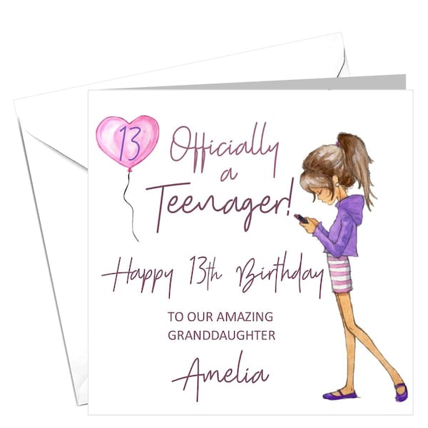 Cute PERSONALISED 13th BIRTHDAY card.  daughter, granddaughter, great granddaughter niece son grandson nephew cousin Officially a Teenager