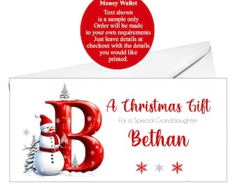 Christmas Money/Gift/Voucher Wallet with Envelope Personalised Red Initial