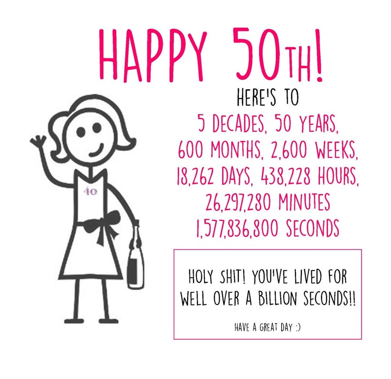 Pu&ograve; includere: Un'illustrazione di un personaggio stilizzato che tiene una bottiglia di birra. Il testo dice "Happy 50th! Here's to 5 decades, 50 years, 600 months, 2,600 weeks, 18,262 days, 438,228 hours, 26,297,280 minutes, 1,577,836,800 seconds. Holy shit! You've lived for well over a billion seconds!! Have a great day :)"