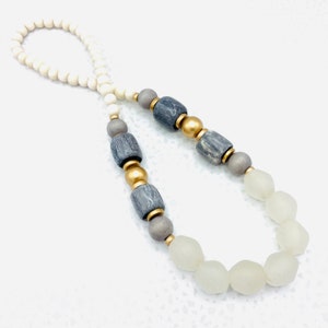 Recycled frosted large glass beaded necklace with gold accents and gray bone beads.