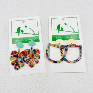 Rainbow tortoise monstera leaves or semi circle earrings