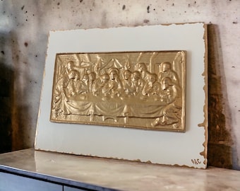 The last supper - handmade clay molded on wood panel, trimmed in gold leaf - 8x10