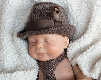 Baby Fedora, Vintage Baby Hat, Classic Brown Fedora, Newborn Photo Prop, Unique Baby Boy Gift,  Knitted Hat Set, Baby Shower Gift, Kids Tie