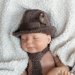 Baby Fedora, Vintage Baby Hat, Classic Brown Fedora, Newborn Photo Prop, Unique Baby Boy Gift,  Knitted Hat Set, Baby Shower Gift, Kids Tie