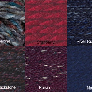 May include: Six different yarn colors: Abalone, Cranberry, River Run, Blackstone, Raisin, and Navy.