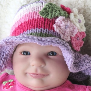 Baby Hat with Brim, Girls Sun Hat, Cotton Knit Baby Hat, Cute Baby Hat, Hat with Flowers, Girls Summer Hat