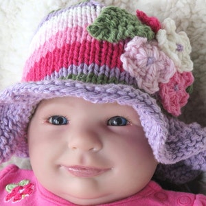 Baby Hat with Brim, Girls Sun Hat, Cotton Knit Baby Hat, Cute Baby Hat, Hat with Flowers, Girls Summer Hat