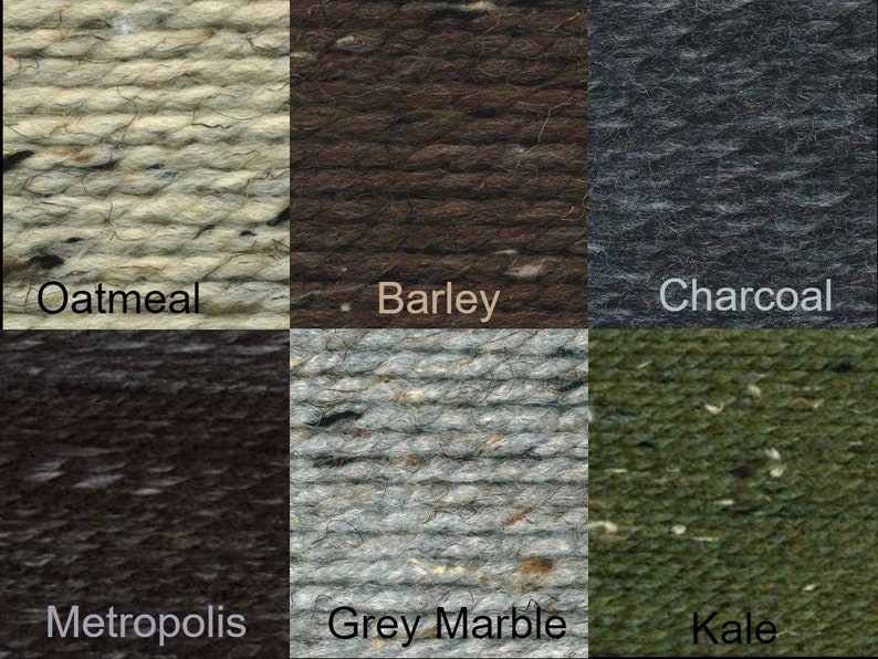 May include: Six yarn skeins in different colors: oatmeal, barley, charcoal, metropolis, grey marble, and kale.