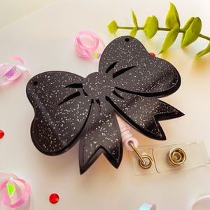 Laser cut acrylic Bow -  Badge Holder - Retractable Badge Reel - ID Badge Clip - Nurse - RN Badge - Black Bow Badge, XL Bow