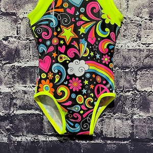 Kids Gymnastics Leotard, Custom Leotard, Personalized Dancewear, Gymnast Gift Training Attire, Girls Leotard Rainbow Stars Leotard Vibrant