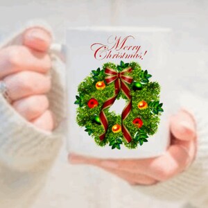 Merry Christmas Wreath Coffee Mug-15oz. Mug-White Mug with Wreath-Double Sided Wreath Mug-Happy Christmas Mug-Coffee Mug-Hot Cocoa Mug