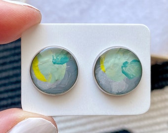 Hand painted Earrings | Stainless Steel Earrings | Handmade Jewelry | Abstract | Silver | Studs | Original