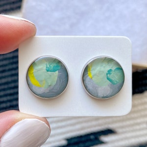 Hand painted Earrings Stainless Steel Earrings Handmade Jewelry Abstract Silver Studs Original image 1