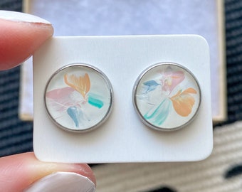 Hand painted Earrings | Stainless Steel Earrings | Handmade Jewelry | Abstract | Silver | Studs | Original