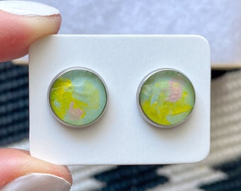 Hand painted Earrings | Stainless Steel Earrings | Handmade Jewelry | Abstract | Silver | Studs | Original