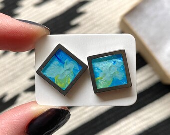 Hand painted Earrings | Stainless Steel Earrings | Handmade Jewelry | Abstract | Square Earrings