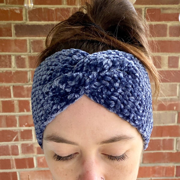 Velvet Twist Ear Warmer Headband, Winter Headband, Hand Crochet Knit Wrap, Turban, Comfy, Soft Warm, Winter, Yarn, Handmade Holiday Gift MTO