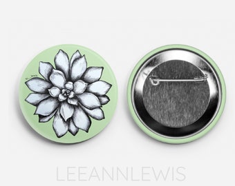 Drawn Succulent Pinback Button 2.25″ inch | Large Flower Plant Pin Button | Plant Lover | Cactus Drawing | Nature Lover Badge