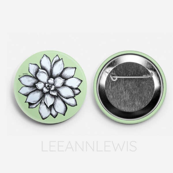 Drawn Succulent Pinback Button 2.25″ inch | Large Flower Plant Pin Button | Plant Lover | Cactus Drawing | Nature Lover Badge