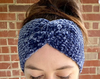 Velvet Twist Ear Warmer Headband, Winter Headband, Hand Crochet Knit Wrap, Turban, Comfy, Soft Warm, Winter, Yarn, Handmade Holiday Gift MTO