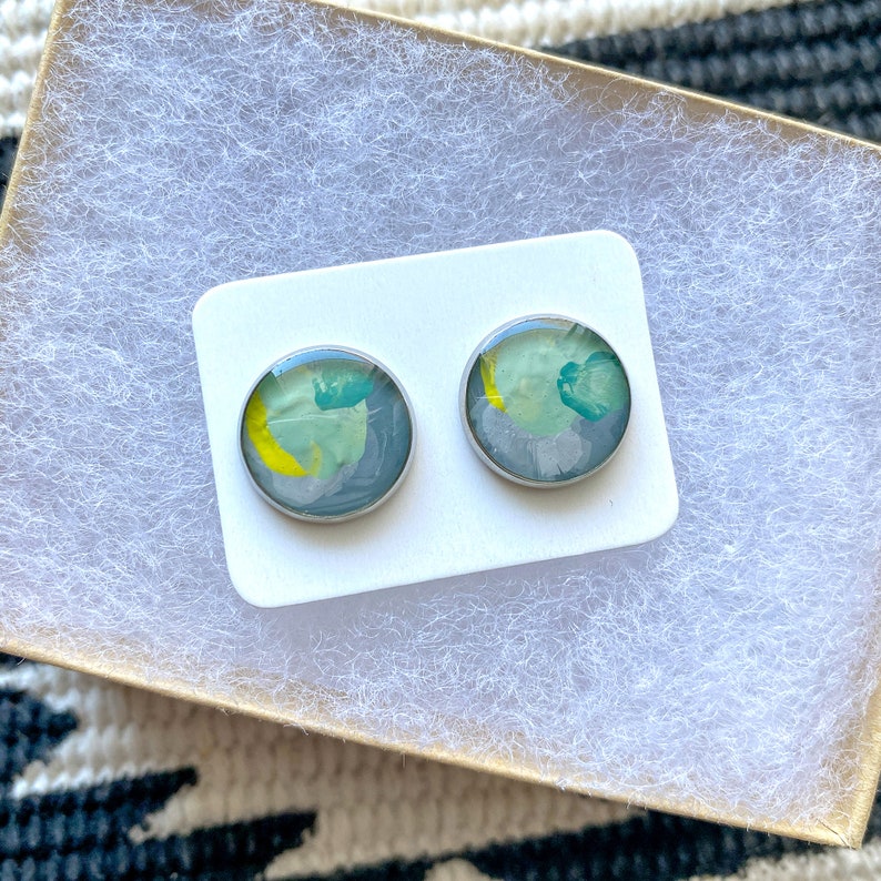 Hand painted Earrings Stainless Steel Earrings Handmade Jewelry Abstract Silver Studs Original image 3