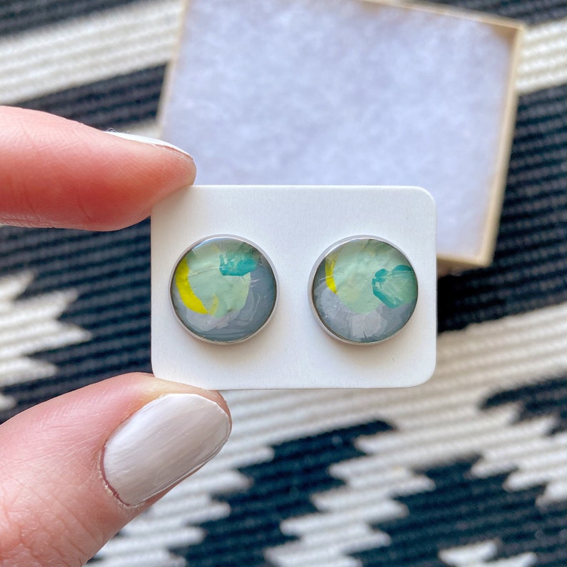 Hand painted Earrings Stainless Steel Earrings Handmade Jewelry Abstract Silver Studs Original image 1