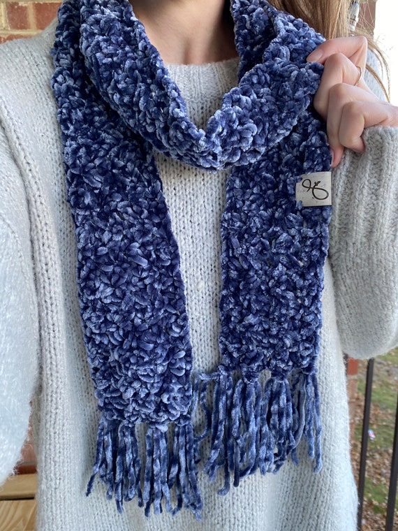 Velvet Scarf, Knit/crochet, Hand Knit, Gray Scarf, Comfy, Soft