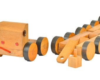 Wooden Toy : Wooden 16 Wheeler Truck - The Organic Natural Puzzle Game Play for Baby and Kids