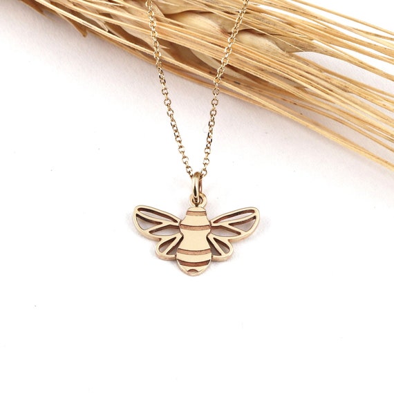Solid Gold Bee Pendant Bee Necklace 