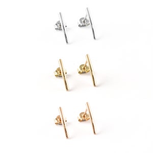 Gold Line Earrings, Elegant and Classy Studs, Simple Gold Tube Studs For Her, 9K,14K,18K, Modern Woman Earrings, Gift For Wife image 5