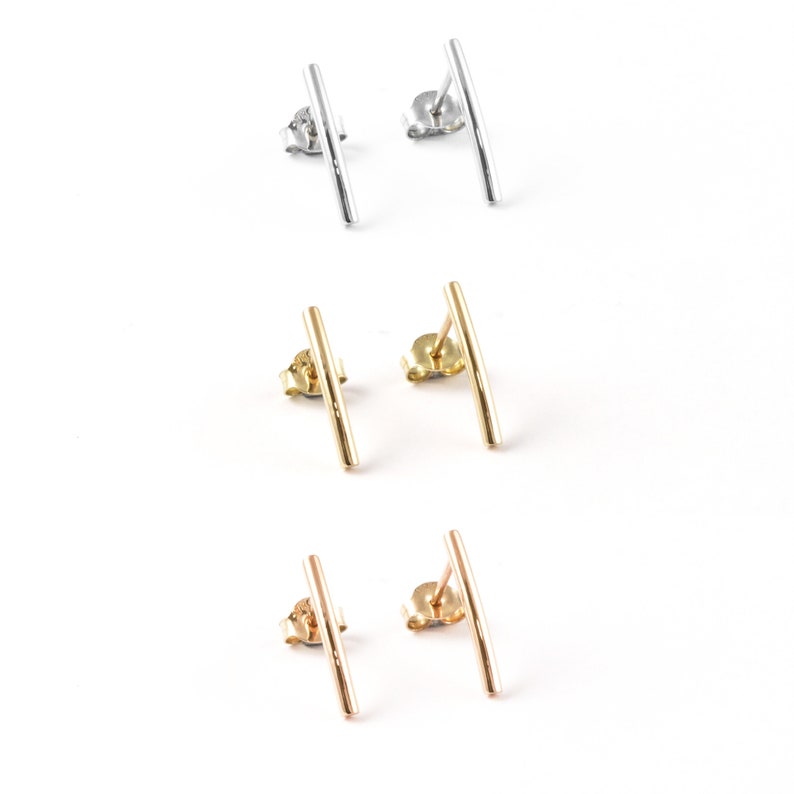 Gold Line Earrings, Elegant and Classy Studs, Simple Gold Tube Studs For Her, 9K,14K,18K, Modern Woman Earrings, Gift For Wife image 5