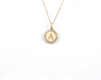 Gold Diamond Monogram Pendant, Gold Circle with a Personalized Engraved Letter with Diamonds, Daimond Circle with Initial,9K,14K,18K