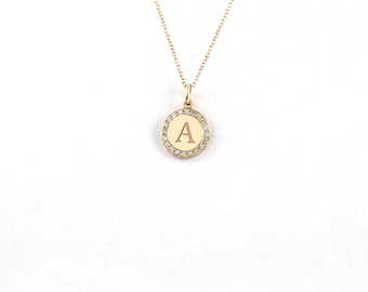 Gold Diamond Monogram Pendant, Gold Circle with a Personalized Engraved Letter with Diamonds, Daimond Circle with Initial,9K,14K,18K