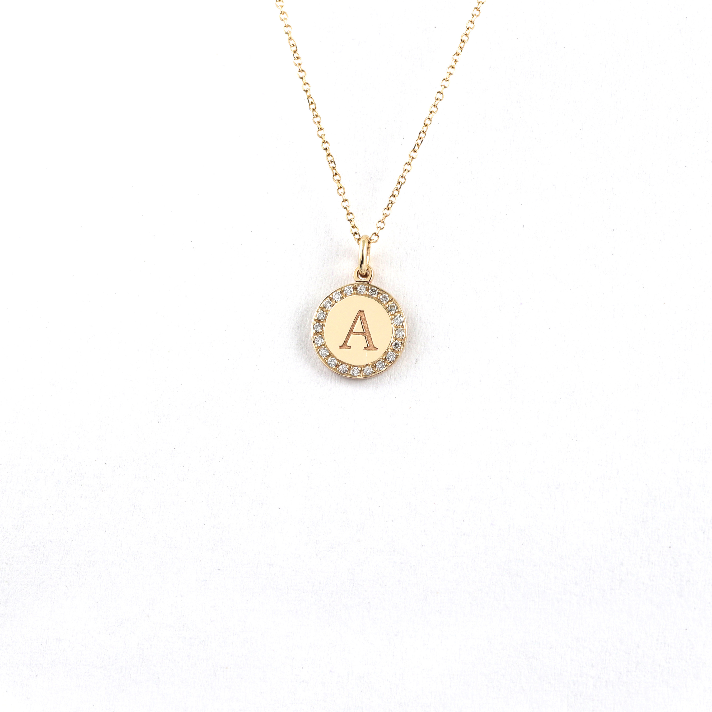 Solid Gold Monogram Disc Necklace, Diamond Circle Pendant, Custom Engraved Jewelry, Personalized Gift, Elegant Gold Piece, 9K, 14K, 18K