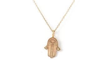 Solid Gold Hamsa Necklace, Protective Hand Pendant, Spiritual Gift for Her, Good Luck Charm Jewelry, Elegant Protection Amulet, 9K, 14K, 18K