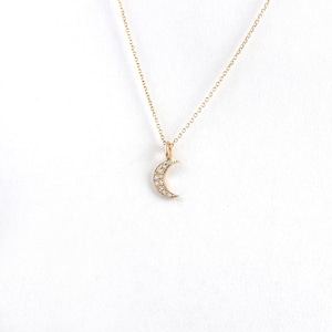 Solid Gold Diamond Moon Necklace, Crescent Moon Pendant, Celestial Jewelry, Luxurious Gift for Her, Romantic Night Sky Charm, 9K, 14K, 18K