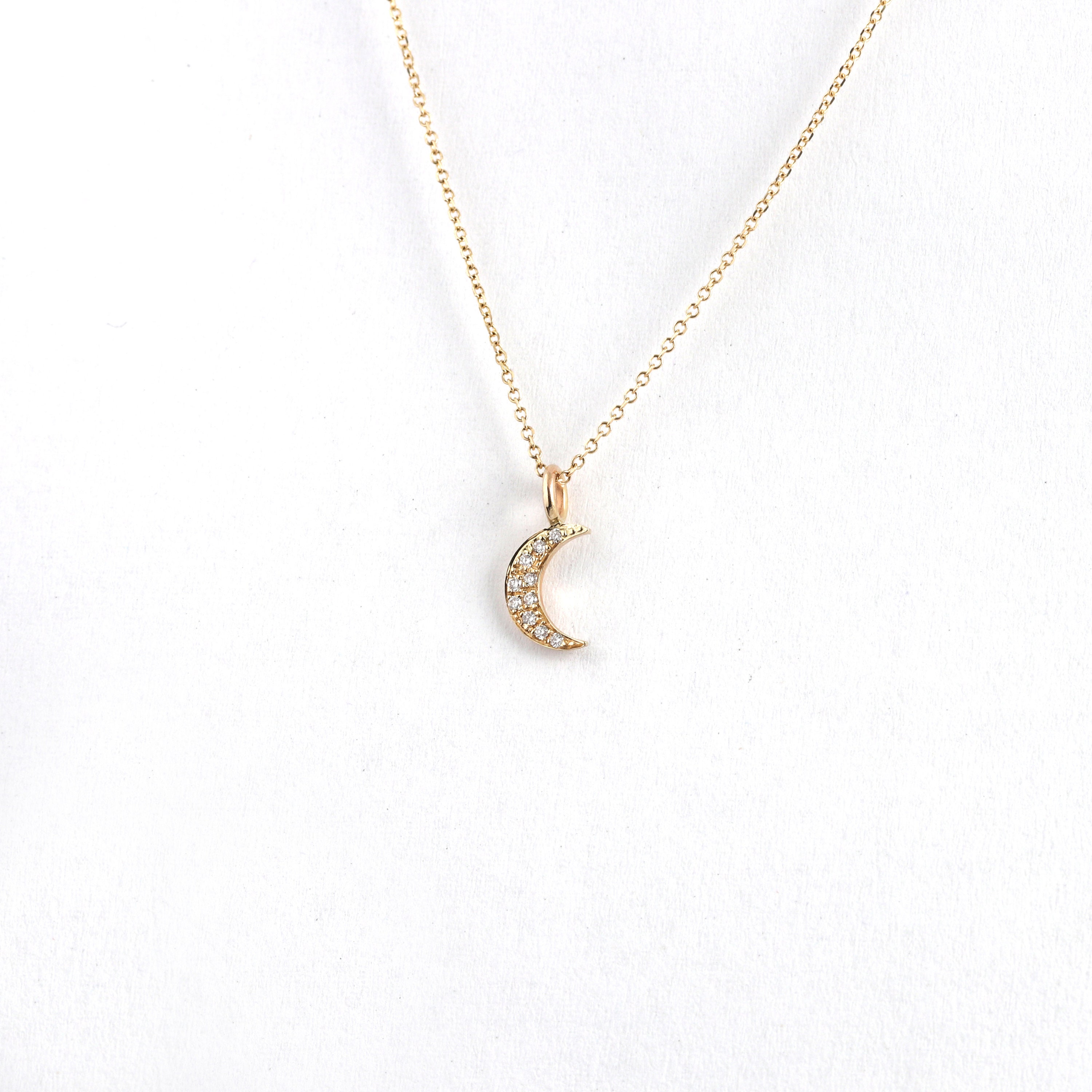 Solid Gold Diamond Moon Necklace, Crescent Moon Pendant, Celestial Jewelry, Luxurious Gift for Her, Romantic Night Sky Charm, 9K, 14K, 18K