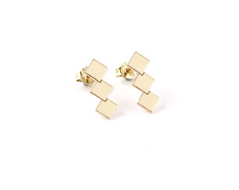 Gold Rhombus Earrings, Studs for Wife, Gold Long Stud Earrings with Geometrical Design, 9K,14K,18K Simple Gold Earrings, Classy Studs