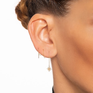 Solid Gold Star Threader Earrings, Gold Star Jewelry, Minimalist Threader Earrings, Gift for Daughter, Celestial Earrings, 9K, 14K, 18K