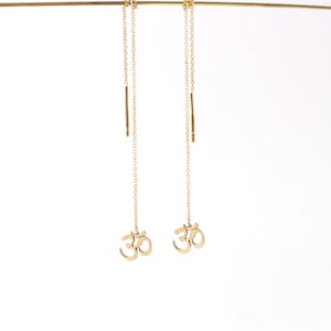 Solid Gold Om Threader Earrings, Spiritual Jewelry, Elegant Meditation Jewelry, Mindfulness Gift, Yoga Inspired Earrings, 9K, 14K, 18K