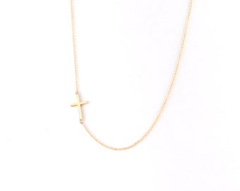 Gold Sideways Cross Necklace, Baptism or Christening Gift, Tiny Sideways Cross Necklace, 9K,14K,18K, Godmother Gift, Mother's Day Gift