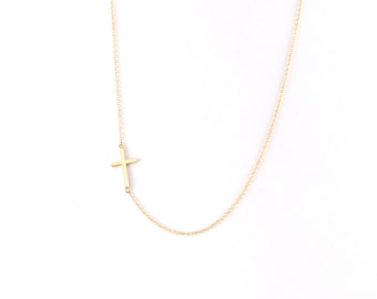 Solid Gold Sideways Cross Necklace 