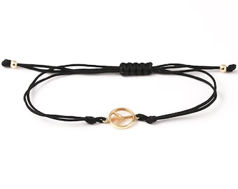 14K Solid Gold Peace Sign Cord Bracelet: Boho Symbolic Gift